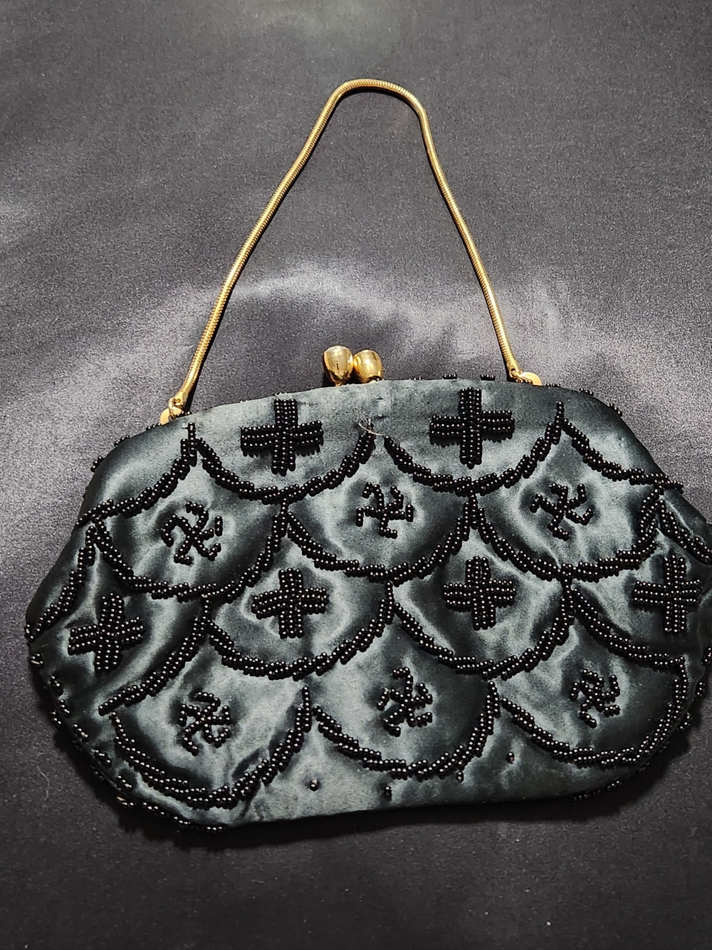 Vintage Mademoiselle Black Beaded Satin Evening Bag Hand Made Hong Kong Rhinesto